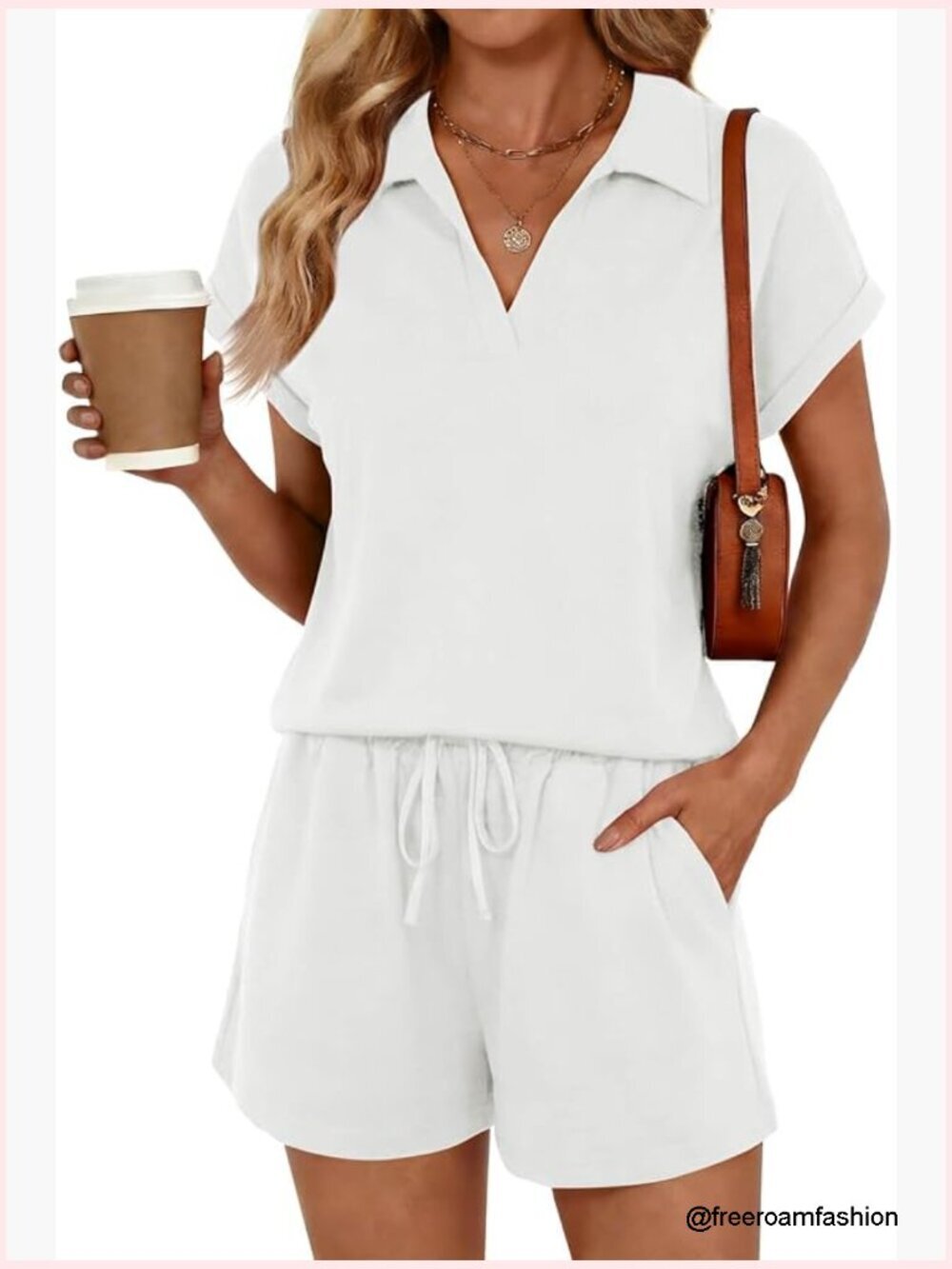 2 Piece Shorts Set Cap Sleeve V Neck Lapel Top Drawstring Waist Casual Outfit